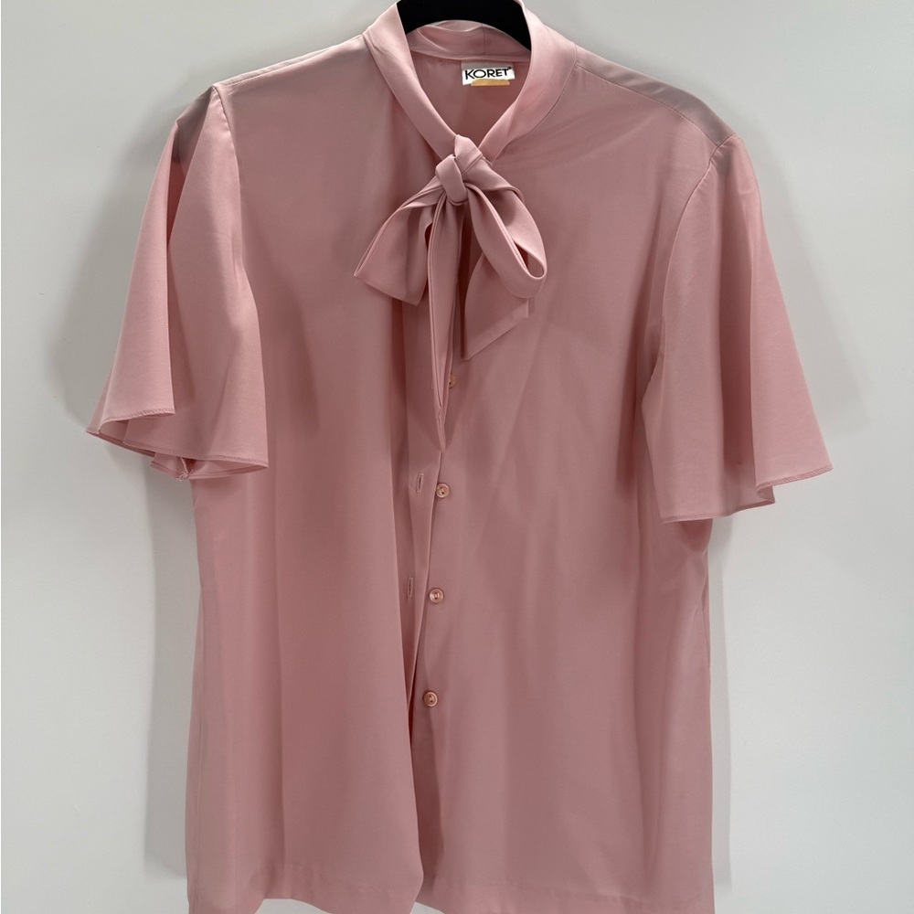 Vintage Koret Pink Bow Tie Blouse Short Sleeve Button Front  size 12